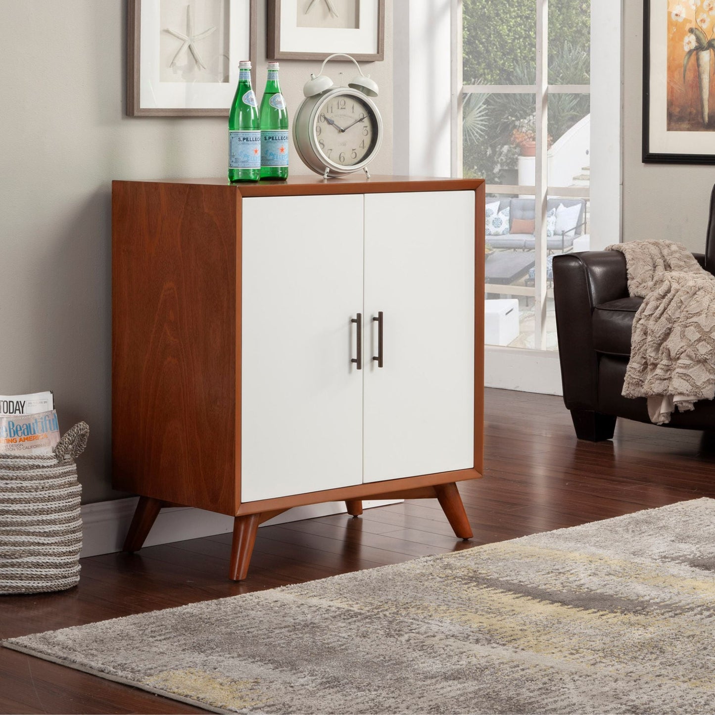 Flynn Small Bar Cabinet, Acorn/White - Alpine Furniture