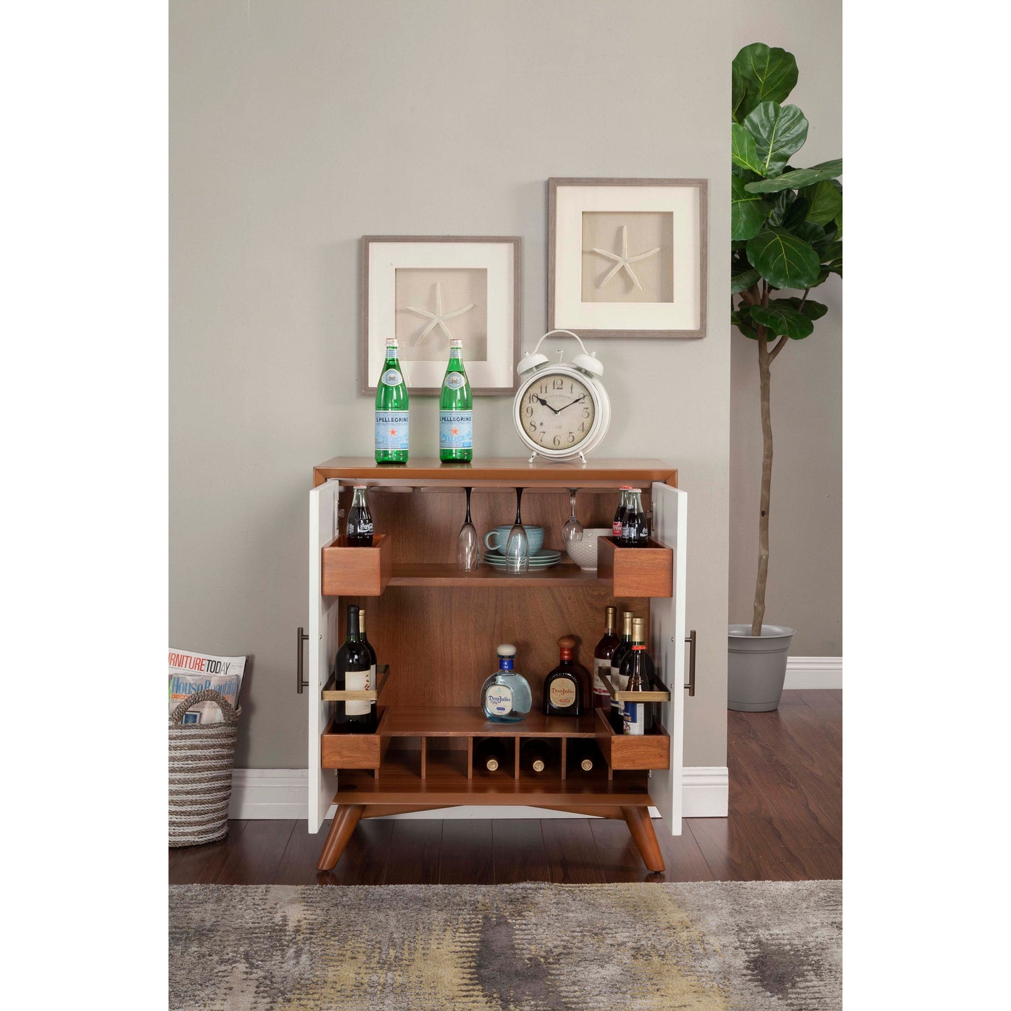 Flynn Small Bar Cabinet, Acorn/White - Alpine Furniture