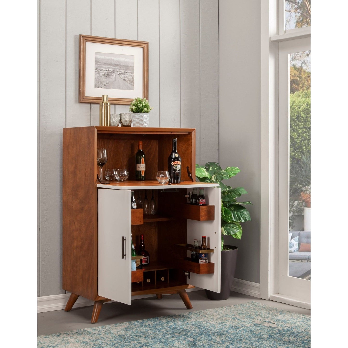 Flynn Large Bar Cabinet, Acorn/White - Alpine Furniture