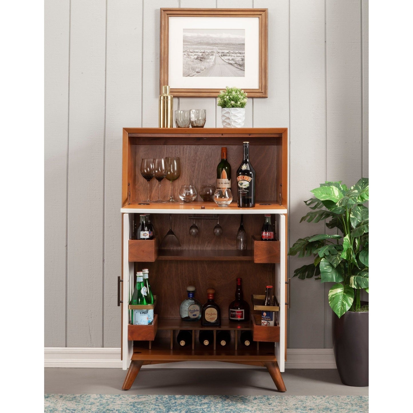 Flynn Large Bar Cabinet, Acorn/White - Alpine Furniture