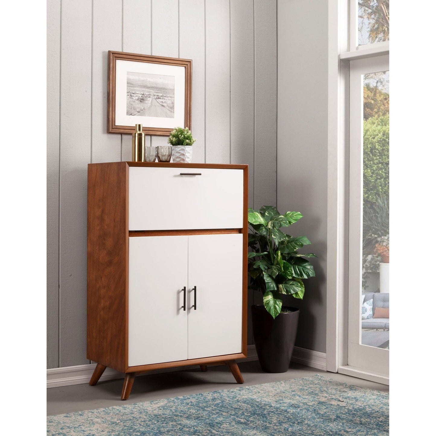 Flynn Large Bar Cabinet, Acorn/White - Alpine Furniture