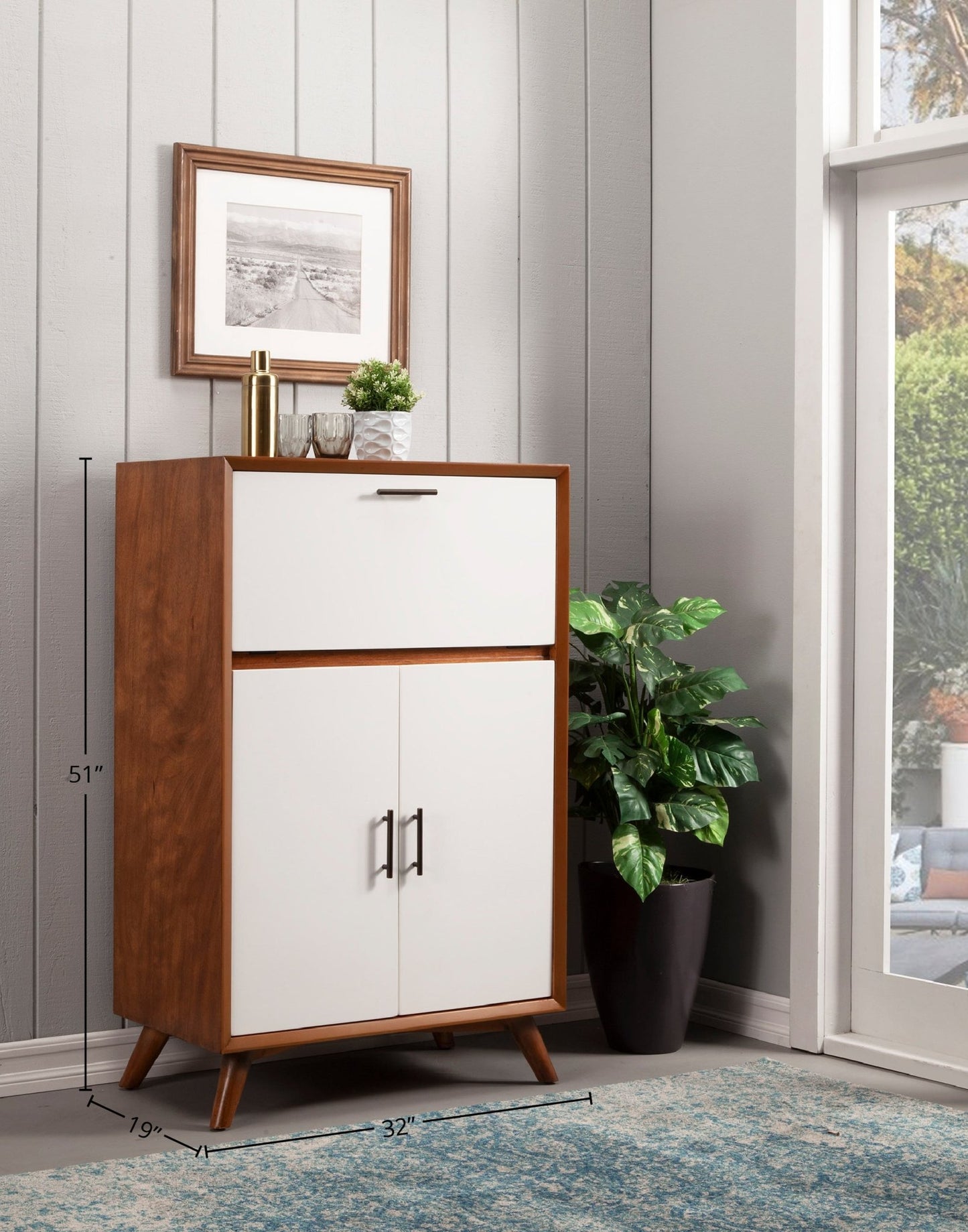 Flynn Large Bar Cabinet, Acorn/White - Alpine Furniture