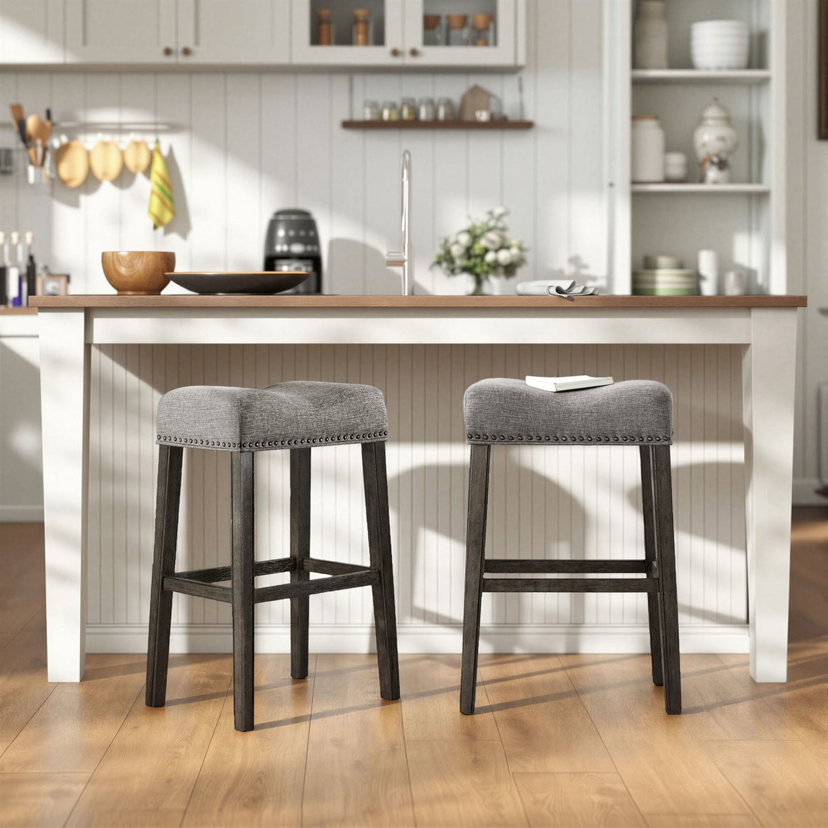 CoCo Upholstered Backless Saddle Seat Bar Stools 29' height Set of 2, Gray - Alpine Furniture