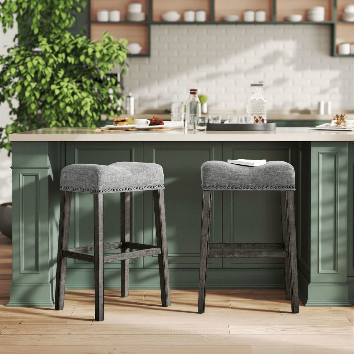 CoCo Upholstered Backless Saddle Seat Bar Stools 29' height Set of 2, Gray - Alpine Furniture