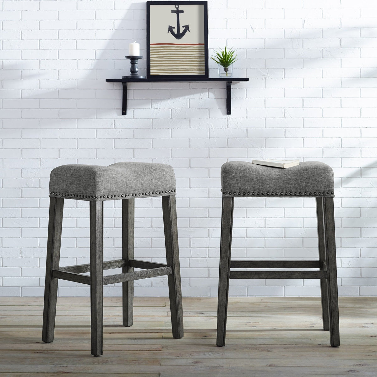 CoCo Upholstered Backless Saddle Seat Bar Stools 29' height Set of 2, Gray - Alpine Furniture