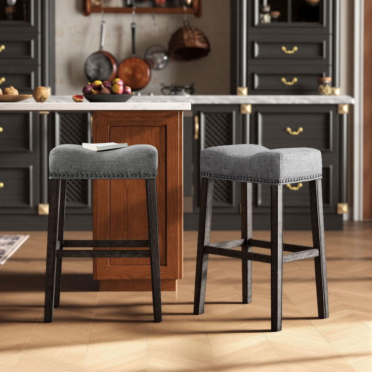 CoCo Upholstered Backless Saddle Seat Bar Stools 29' height Set of 2, Gray - Alpine Furniture