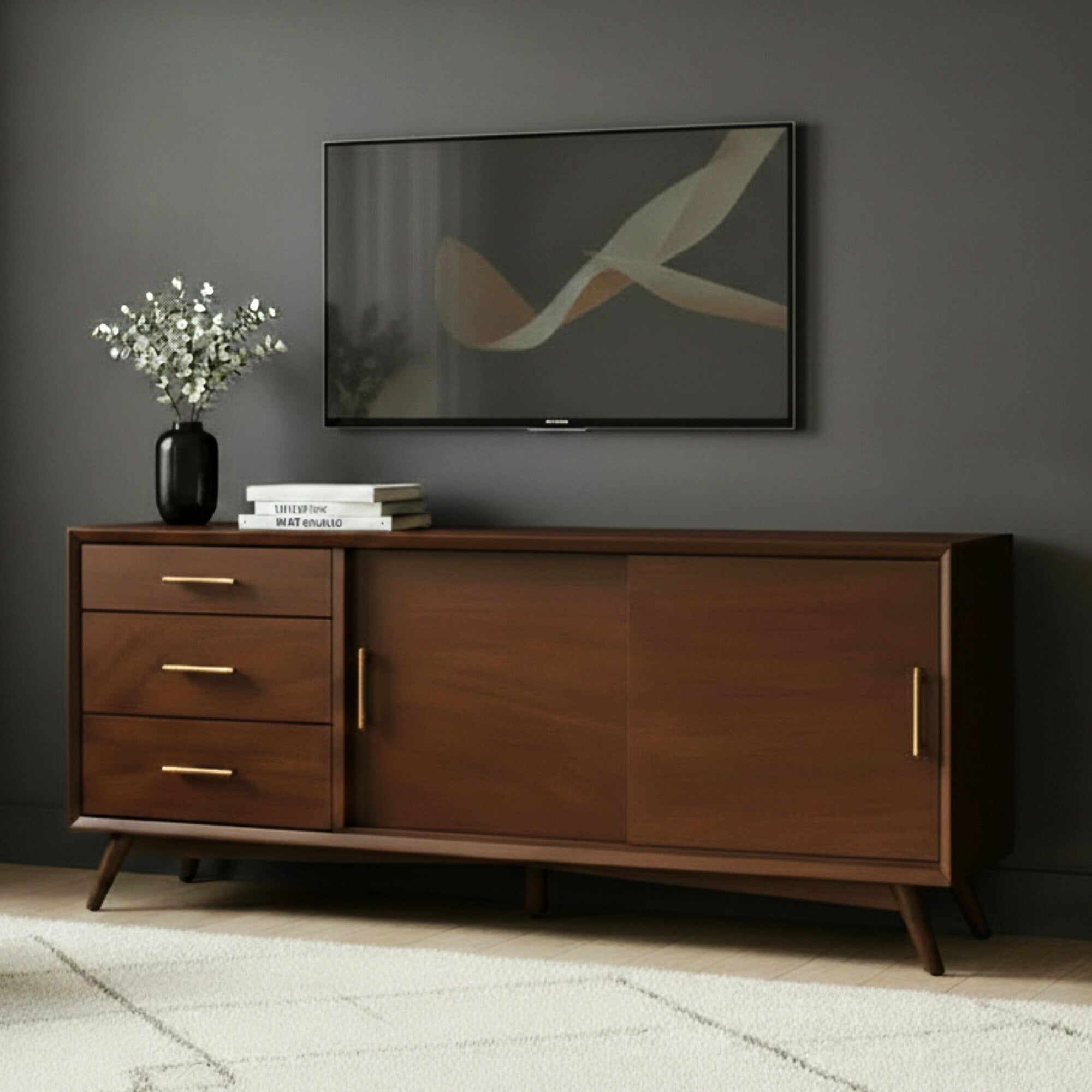 Flynn Large Mid-Century TV Console in Walnut | Alpine Furniture