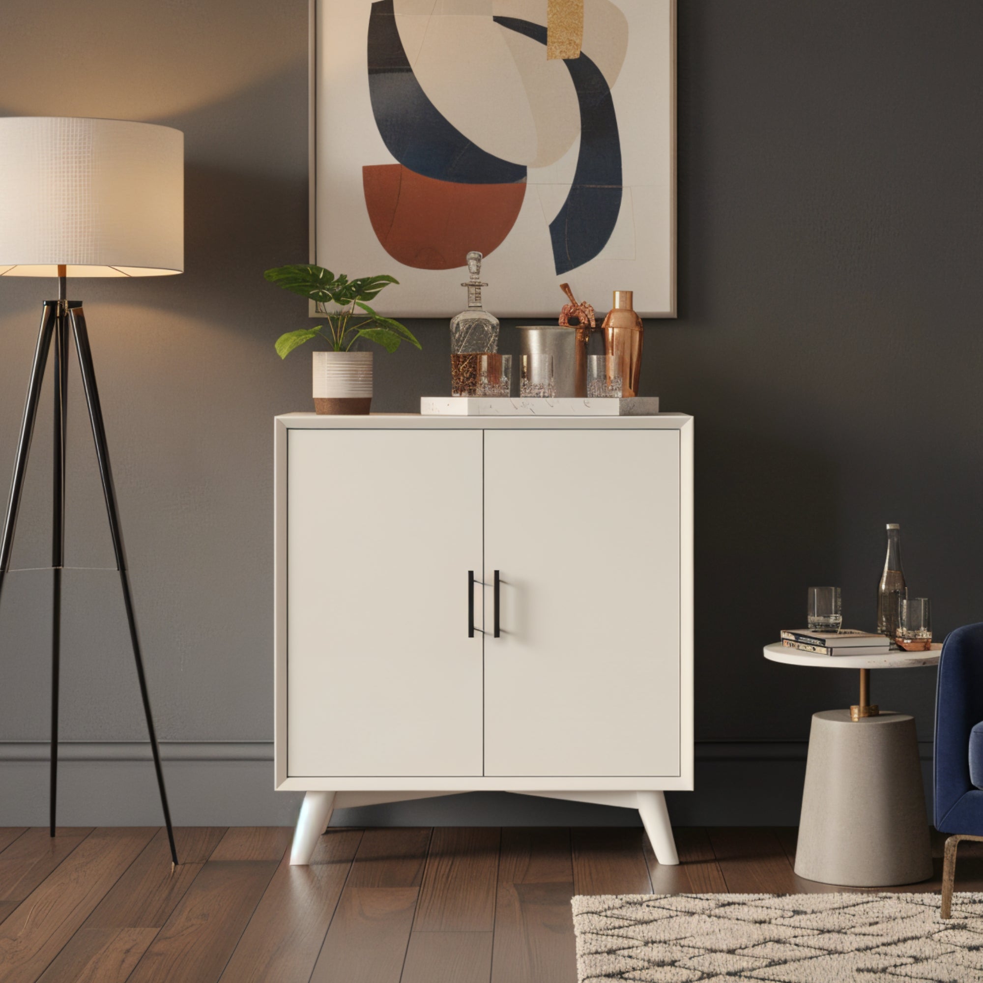 Flynn Small Mid-Century Bar Cabinet in White | Alpine Furniture