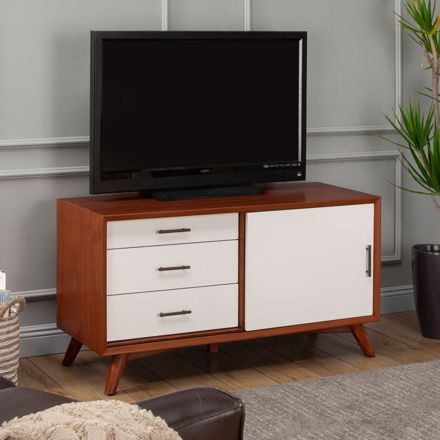 Flynn Small TV Console, Acorn/White - Alpine Furniture