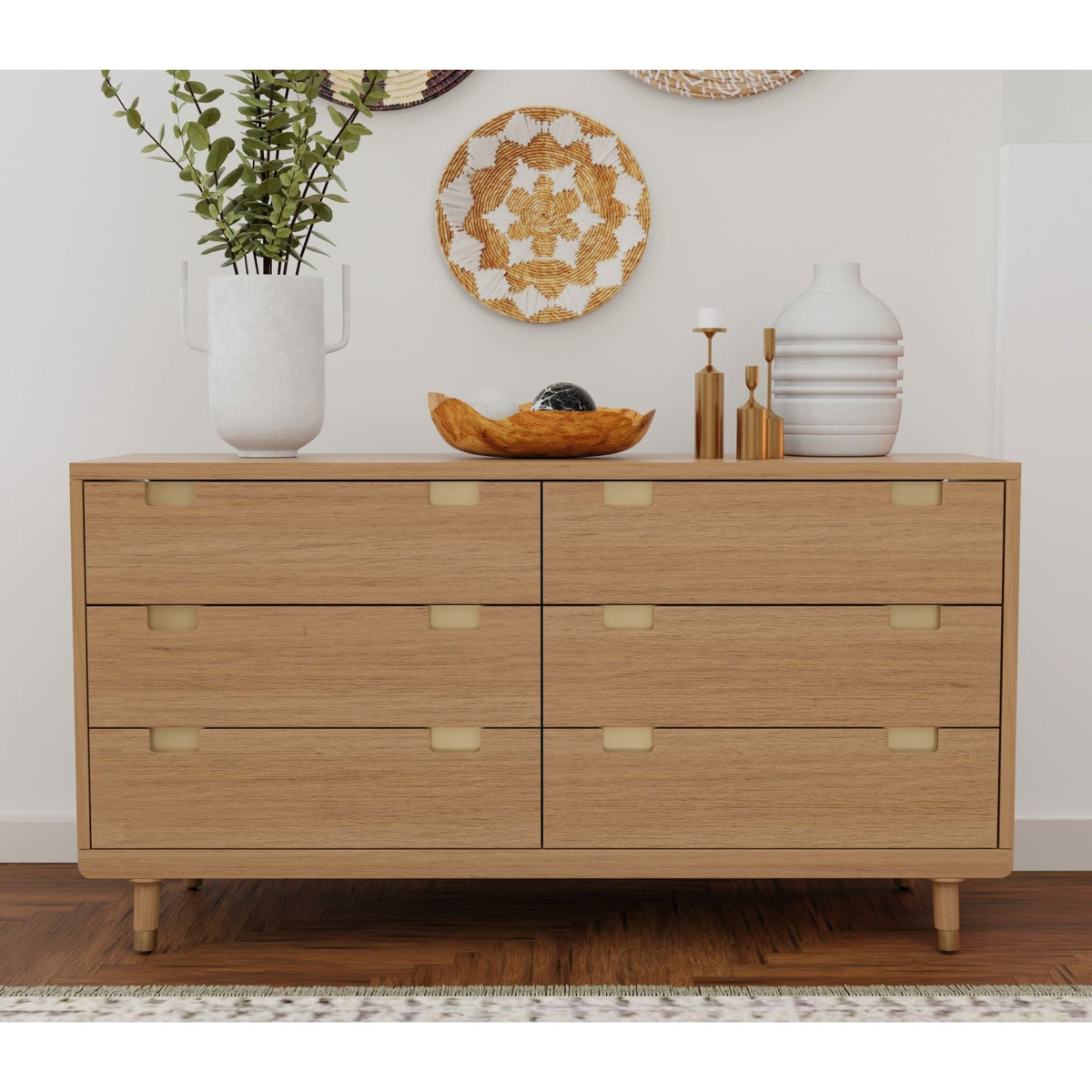 beige dresser Easton Six Drawer Brown and Black Dress __tab1:shipping Size:small to medium 105.8 lbs
