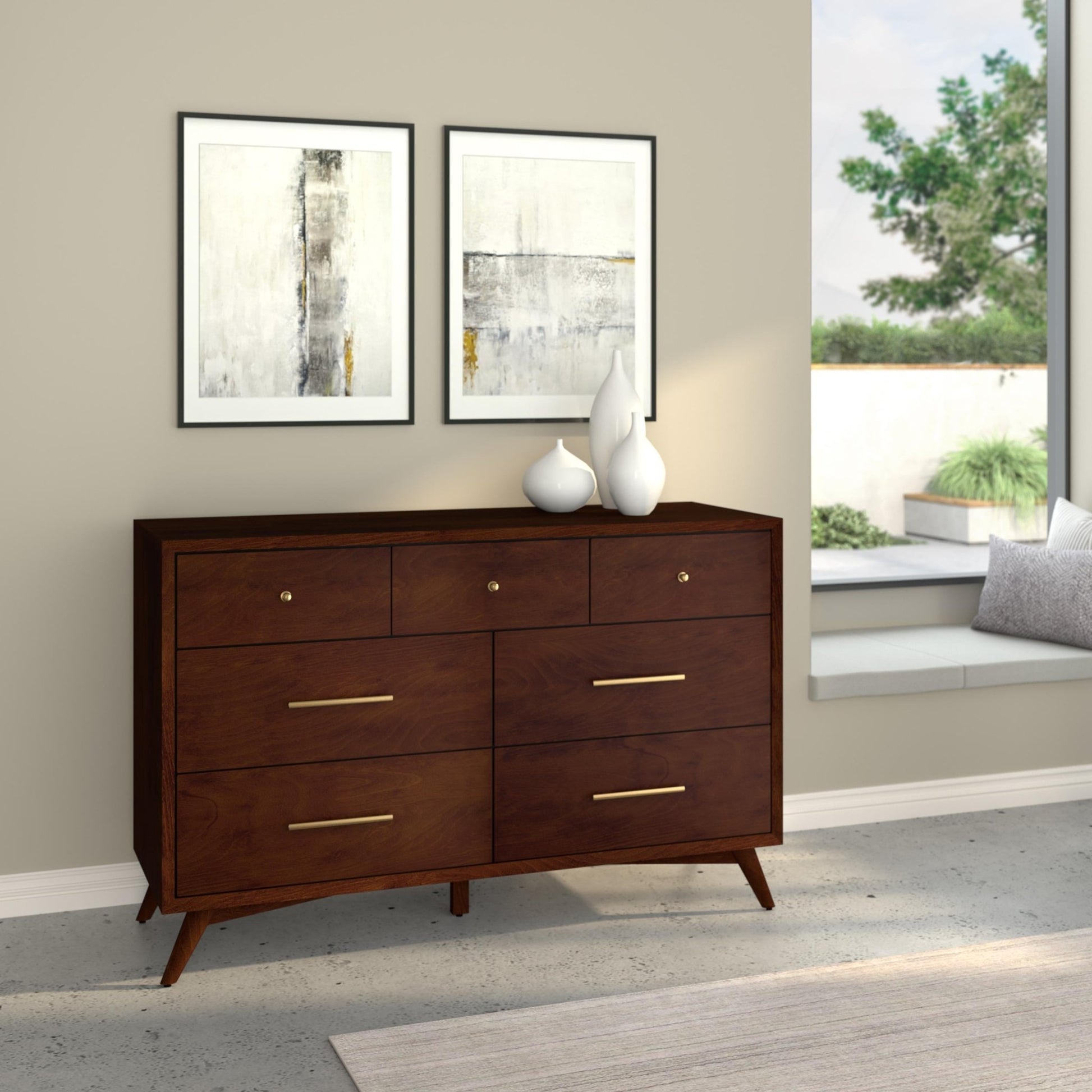 flynn mid century modern dresser Alpine Furniture Flynn Acorn 7 Drawer Dresser